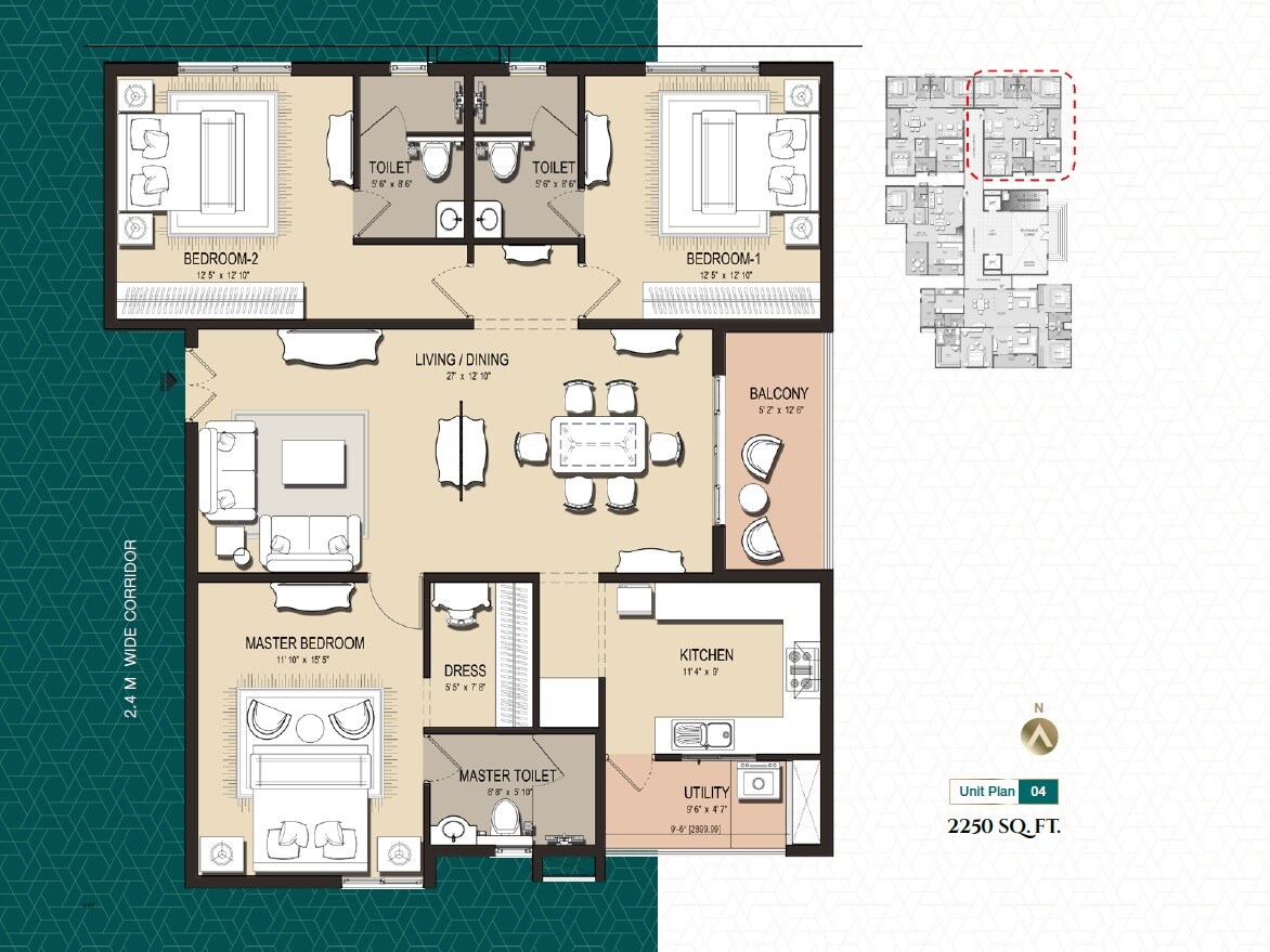 Floor plan of 3 BHK 2250 Sq. Ft. Apartment in GM Palazzo, Bangalore