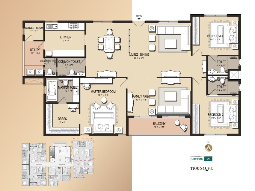 Floor plan of 3 BHK 3300 Sq. Ft. Apartment in GM Palazzo, Bangalore
