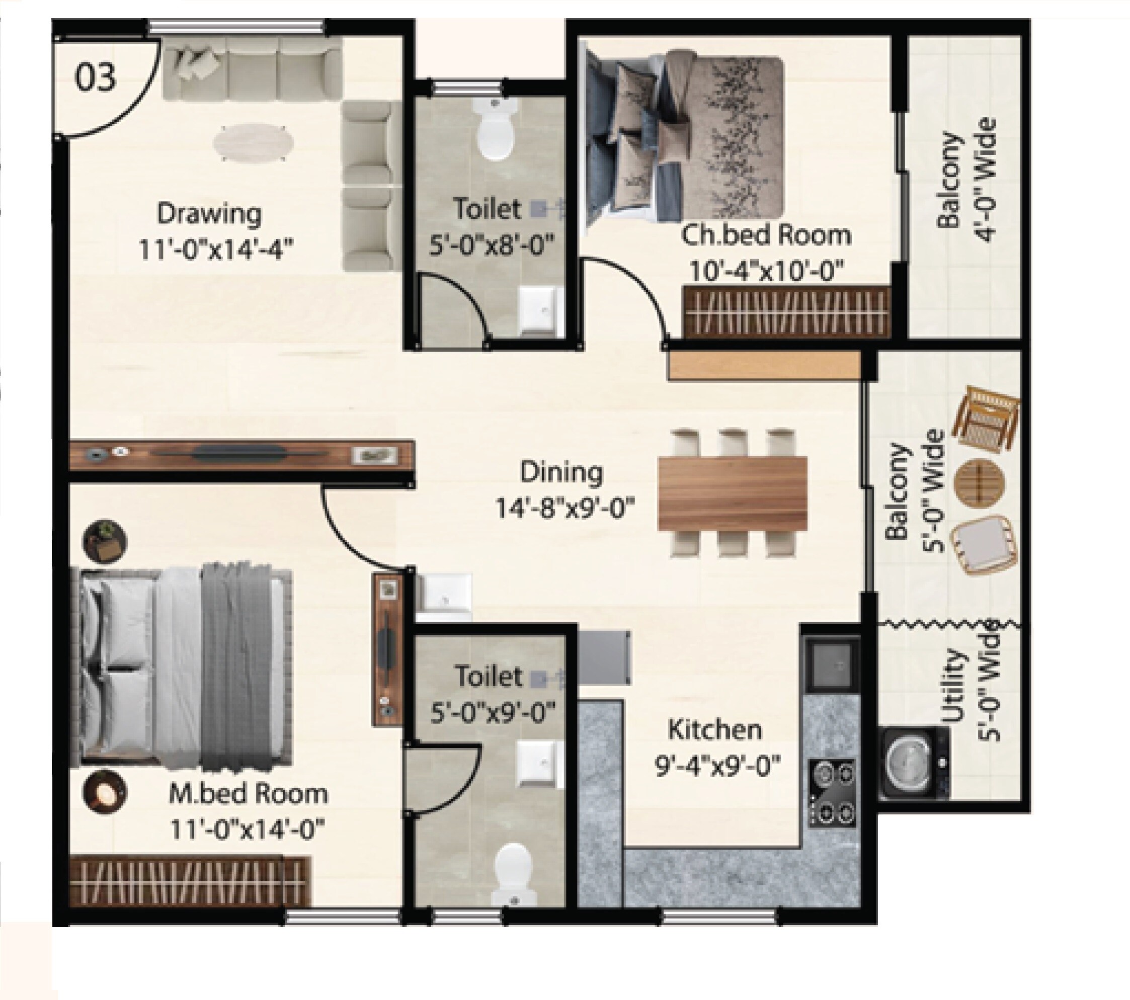 Floor plan of 2 BHK 1225 Sq. Ft. Apartment in GMC Confluence, Bangalore