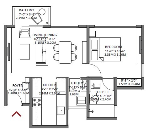 Floor plan of 1 BHK 706 Sq. Ft. Apartment in Godrej Air, Bangalore