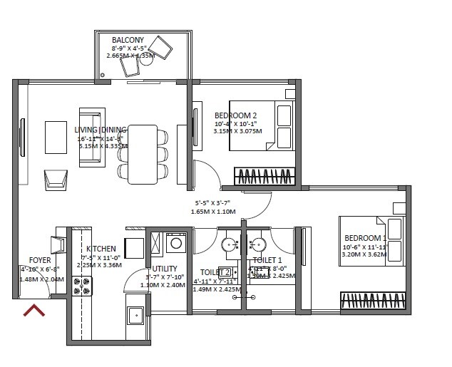 Floor plan of 2 BHK 1108 Sq. Ft. Apartment in Godrej Air, Bangalore