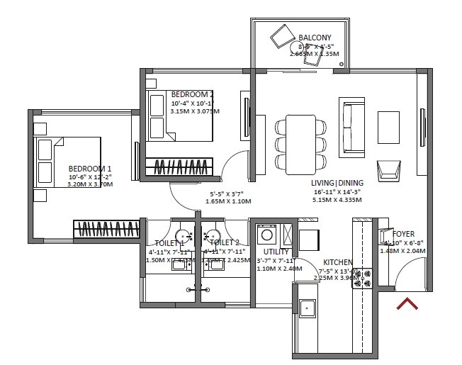 Floor plan of 2 BHK 1132 Sq. Ft. Apartment in Godrej Air, Bangalore