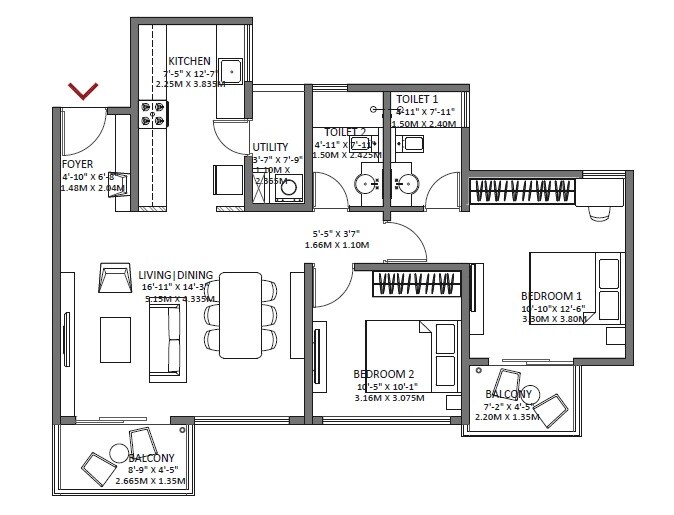 Floor plan of 2 BHK 1196 Sq. Ft. Apartment in Godrej Air, Bangalore