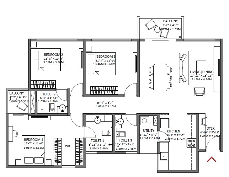 Floor plan of 3 BHK 1639 Sq. Ft. Apartment in Godrej Air, Bangalore