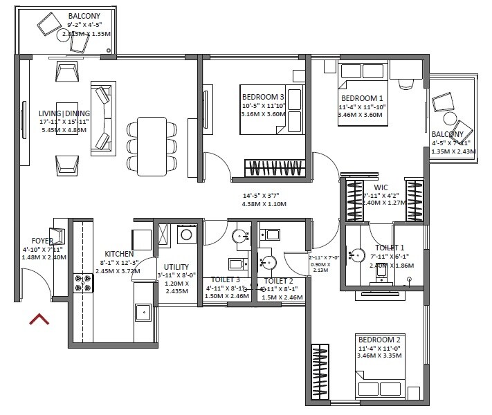 Floor plan of 3 BHK 1660 Sq. Ft. Apartment in Godrej Air, Bangalore