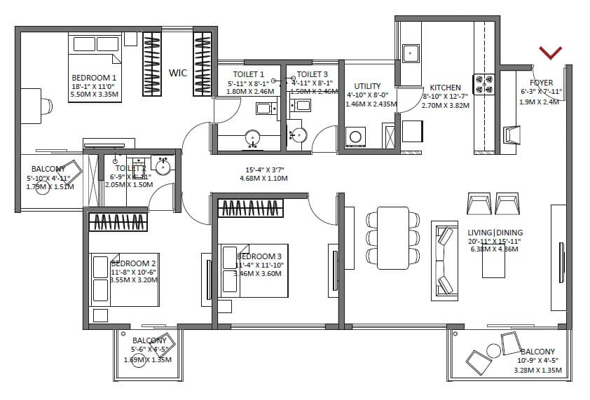 Floor plan of 3 BHK 1837 Sq. Ft. Apartment in Godrej Air, Bangalore
