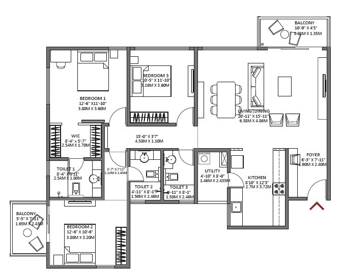 Floor plan of 3 BHK 1853 Sq. Ft. Apartment in Godrej Air, Bangalore