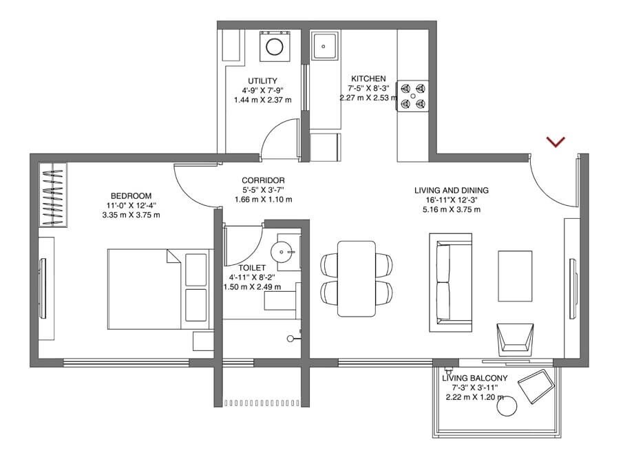 Floor plan of 1 BHK 760 Sq. Ft. Apartment in Godrej Air NXT, Bangalore
