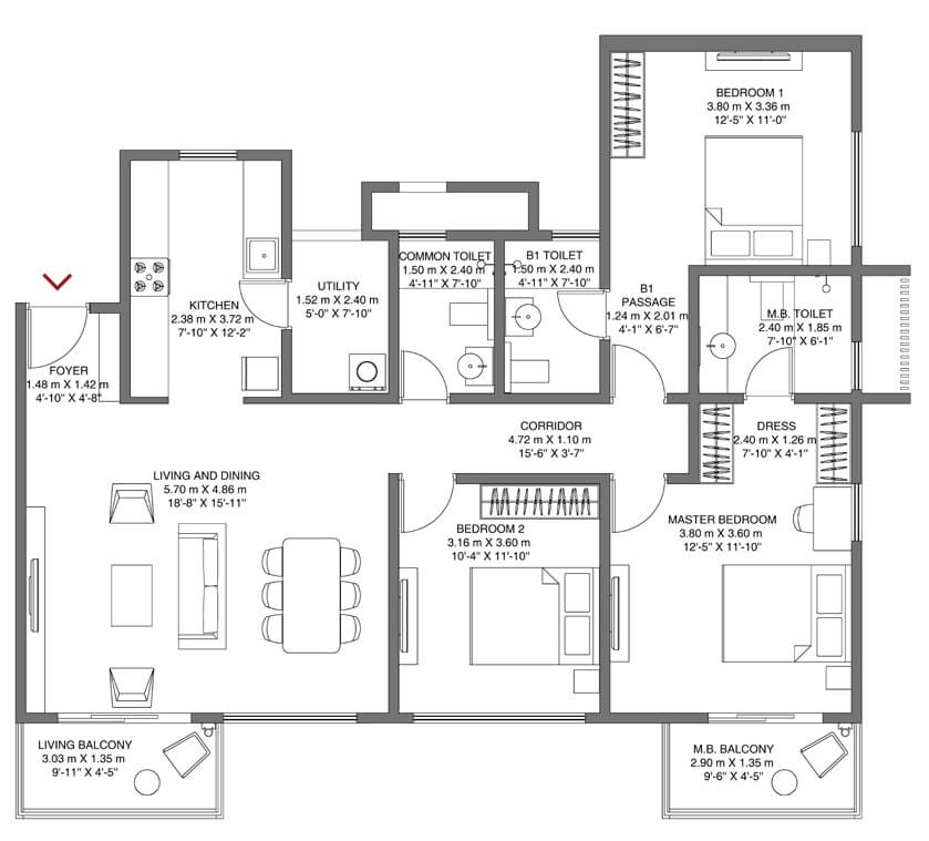 Floor plan of 3 BHK 1715 Sq. Ft. Apartment in Godrej Air NXT, Bangalore