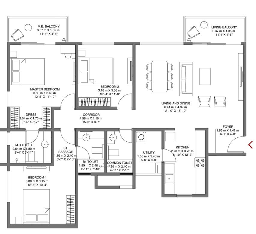 Floor plan of 3 BHK 1816 Sq. Ft. Apartment in Godrej Air NXT, Bangalore