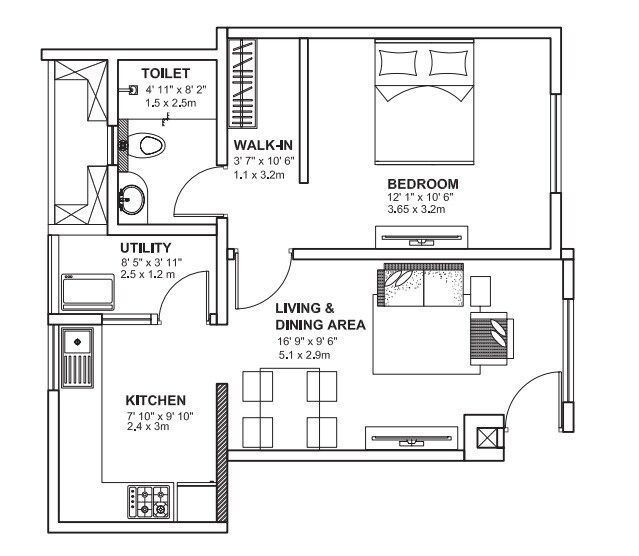 Floor plan of 1 BHK 629 Sq. Ft. Apartment in Godrej Avenues, Bangalore