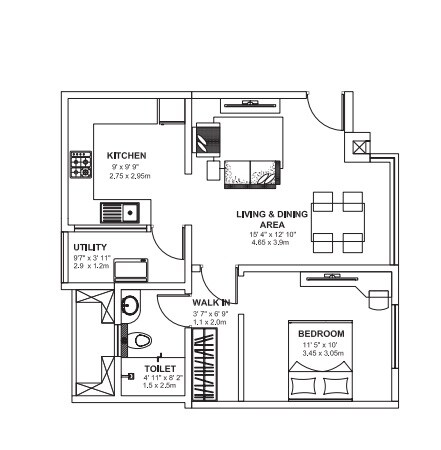 Floor plan of 1 BHK 706 Sq. Ft. Apartment in Godrej Avenues, Bangalore