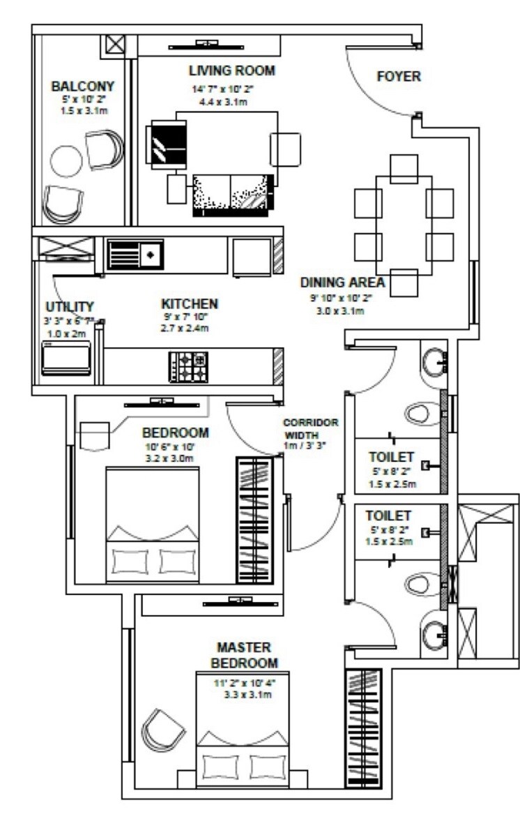 Floor plan of 2 BHK 1023 Sq. Ft. Apartment in Godrej Avenues, Bangalore