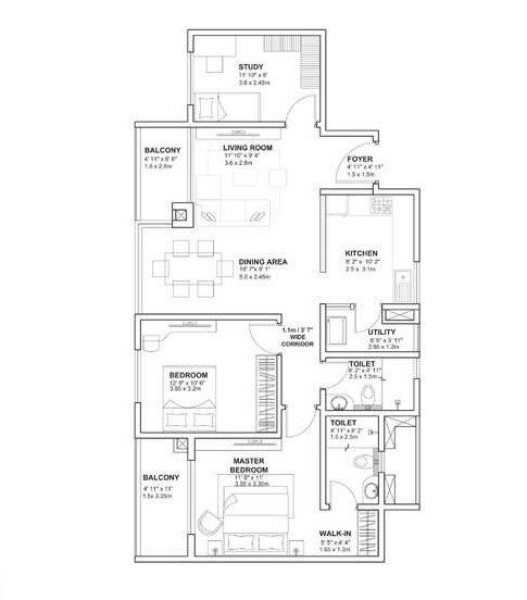 Floor plan of 3 BHK 1446 Sq. Ft. Apartment in Godrej Avenues, Bangalore
