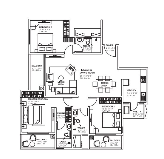 Floor plan of 3 BHK 1721 Sq. Ft. Apartment in Godrej Avenues, Bangalore