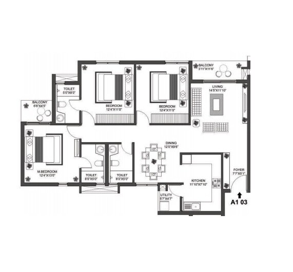 Floor plan of 3 BHK 1449 Sq. Ft. Apartment in Godrej E-City, Bangalore