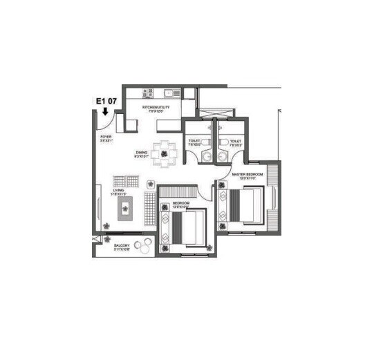 Floor plan of 2 BHK 1171 Sq. Ft. Apartment in Godrej E City Phase II, Bangalore