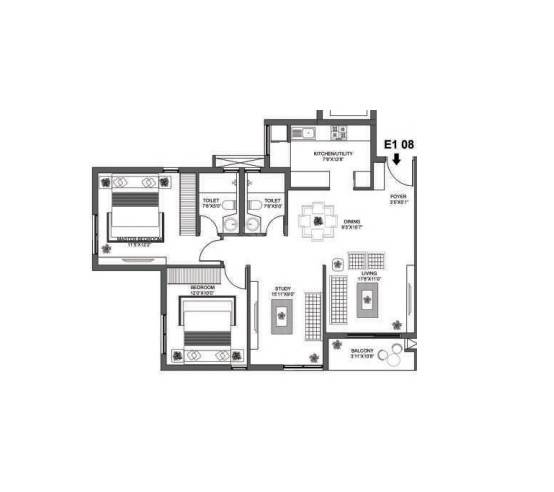 Floor plan of 2 BHK 964 Sq. Ft. Apartment in Godrej E City Phase II, Bangalore