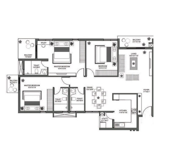 Floor plan of 3 BHK 1449 Sq. Ft. Apartment in Godrej E City Phase II, Bangalore