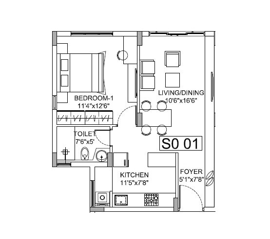 Floor plan of 1 BHK 694 Sq. Ft. Apartment in Godrej E City Phase III, Bangalore