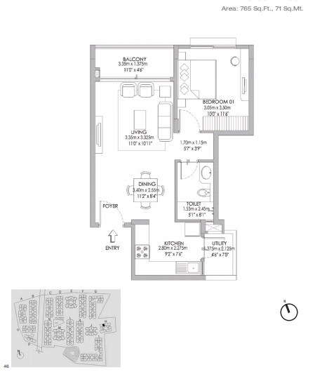 Floor plan of 1 BHK 765 Sq. Ft. Apartment in Godrej Eternity, Bangalore