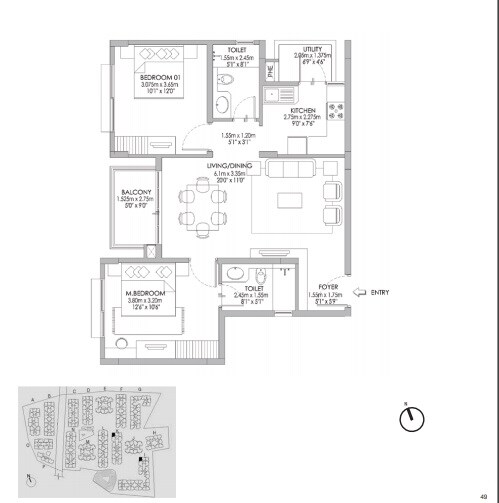 Floor plan of 2 BHK 1051 Sq. Ft. Apartment in Godrej Eternity, Bangalore