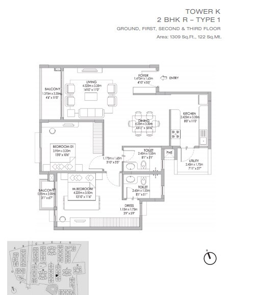 Floor plan of 2 BHK 1309 Sq. Ft. Apartment in Godrej Eternity, Bangalore