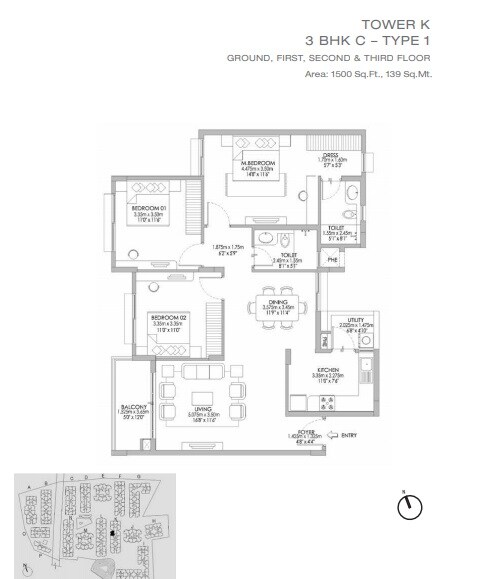 Floor plan of 3 BHK 1500 Sq. Ft. Apartment in Godrej Eternity, Bangalore