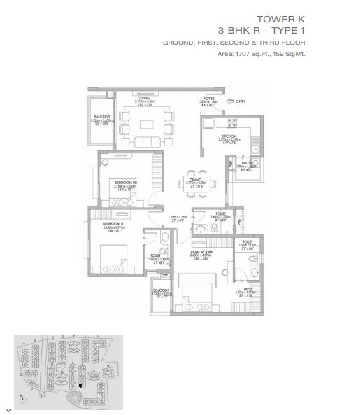 Floor plan of 3 BHK 1707 Sq. Ft. Apartment in Godrej Eternity, Bangalore