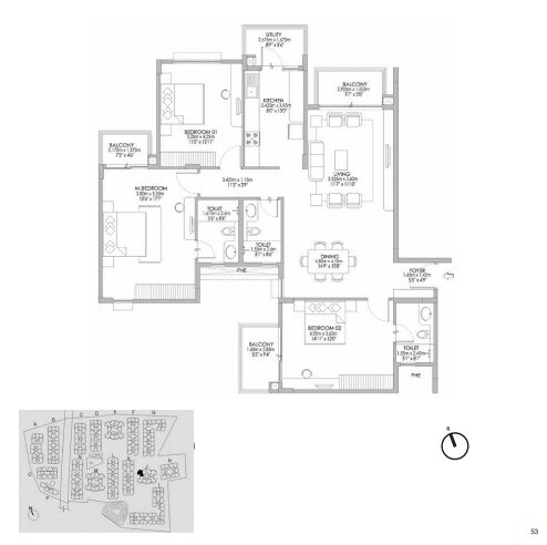 Floor plan of 3 BHK 1938 Sq. Ft. Apartment in Godrej Eternity, Bangalore