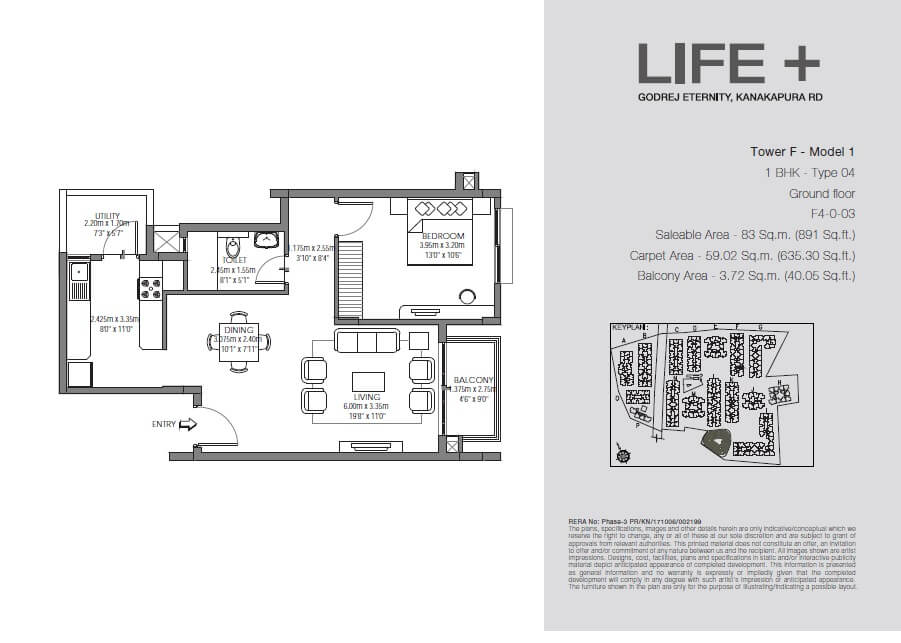 Floor plan of 1 BHK 891 Sq. Ft. Apartment in Godrej Eternity Life Plus, Bangalore