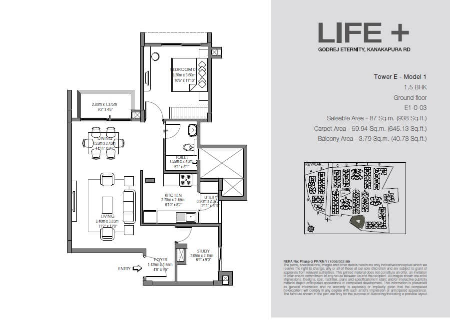 Floor plan of 1 BHK 938 Sq. Ft. Apartment in Godrej Eternity Life Plus, Bangalore