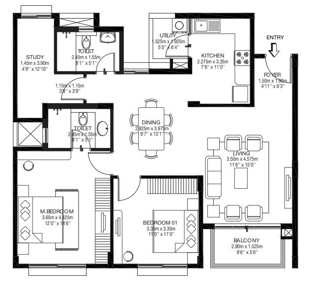 Floor plan of 2 BHK 1013 Sq. Ft. Apartment in Godrej Eternity Life Plus, Bangalore