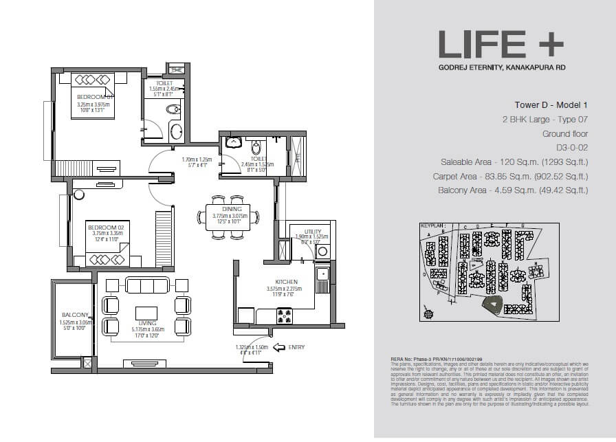 Floor plan of 2 BHK 1292 Sq. Ft. Apartment in Godrej Eternity Life Plus, Bangalore