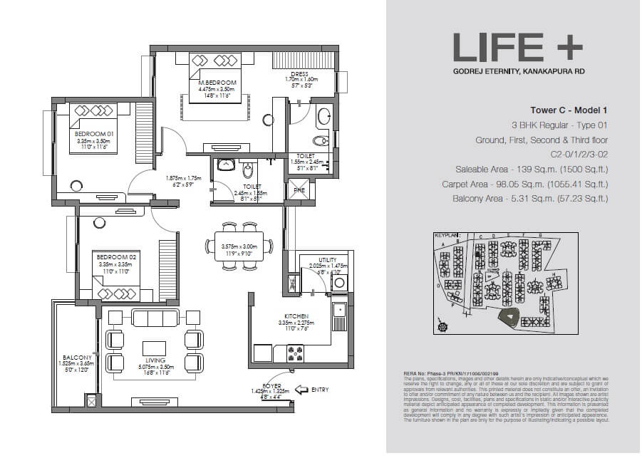 Floor plan of 3 BHK 1500 Sq. Ft. Apartment in Godrej Eternity Life Plus, Bangalore
