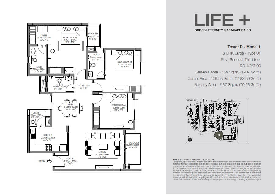 Floor plan of 3 BHK 1707 Sq. Ft. Apartment in Godrej Eternity Life Plus, Bangalore
