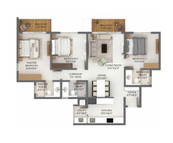 Floor plan of 3 BHK 1750 Sq. Ft. Apartment in Godrej Parkshire, Bangalore