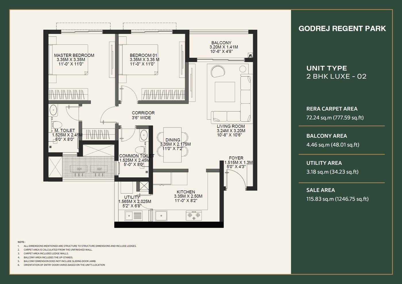 Floor plan of 2 BHK 1247 Sq. Ft. Apartment in Godrej Regent Park, Bangalore