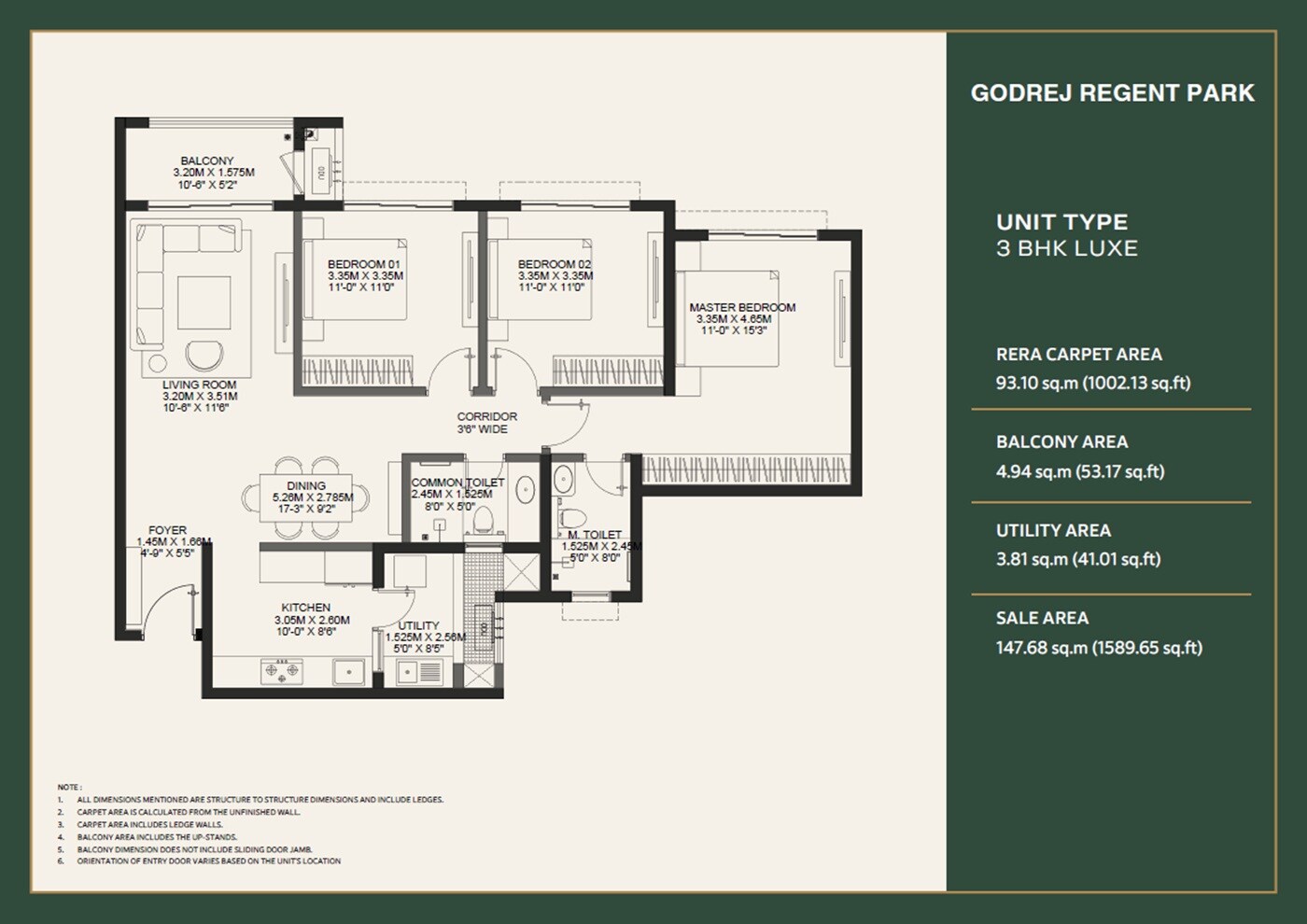 Floor plan of 3 BHK 1590 Sq. Ft. Apartment in Godrej Regent Park, Bangalore