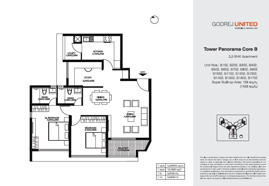 Floor plan of 2 BHK 1459 Sq. Ft. Apartment in Godrej United, Bangalore