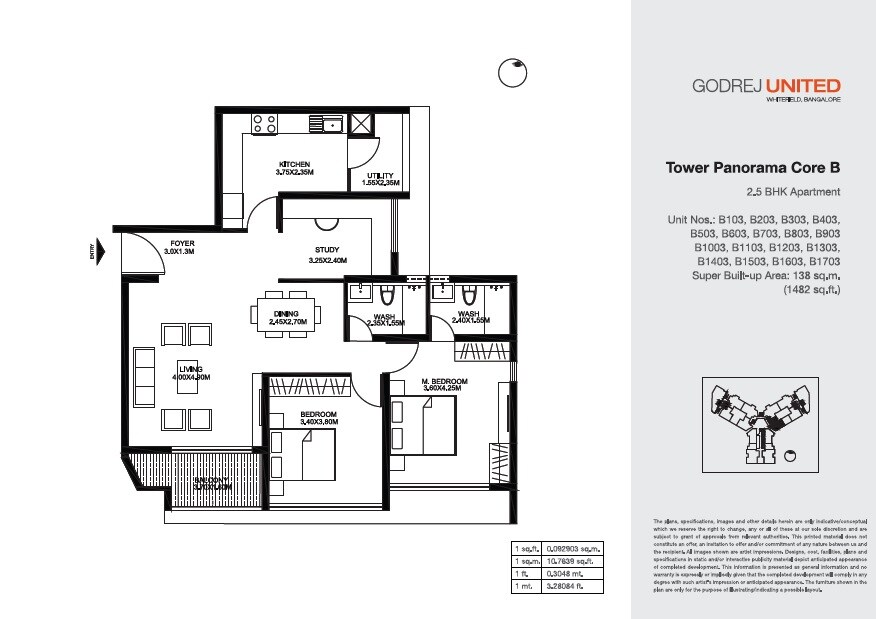 Floor plan of 2 BHK 1482 Sq. Ft. Apartment in Godrej United, Bangalore