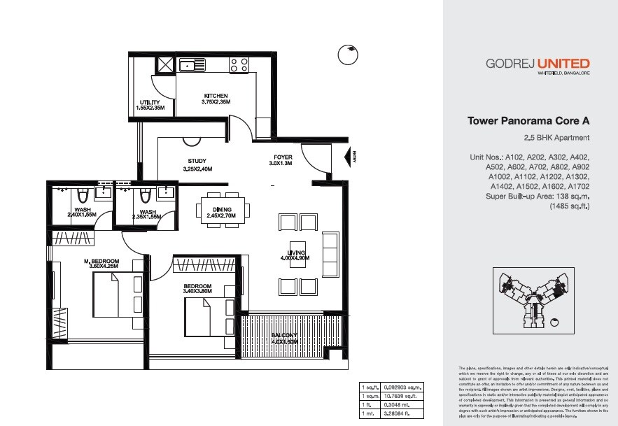 Floor plan of 2 BHK 1485 Sq. Ft. Apartment in Godrej United, Bangalore