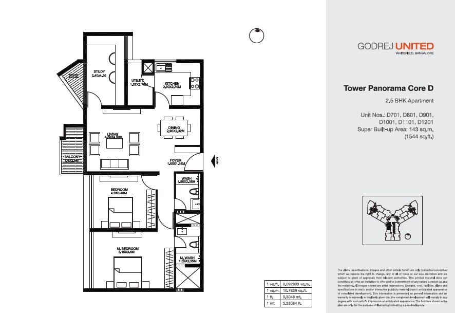Floor plan of 2 BHK 1544 Sq. Ft. Apartment in Godrej United, Bangalore