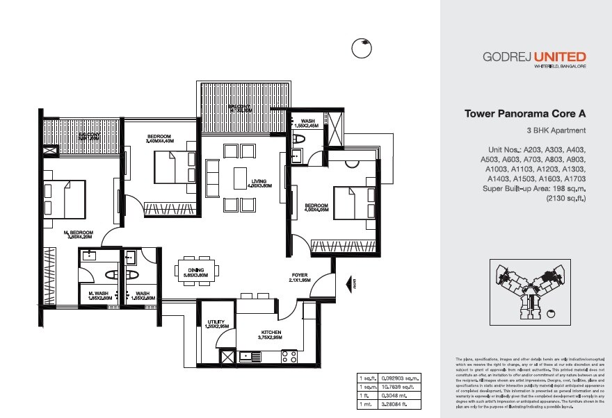 Floor plan of 3 BHK 2130 Sq. Ft. Apartment in Godrej United, Bangalore