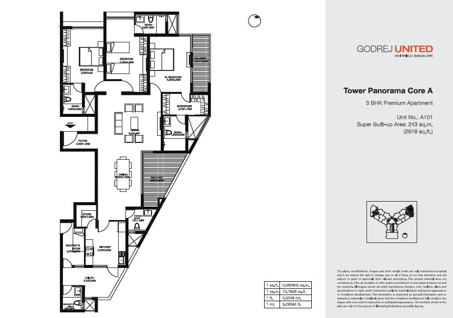 Floor plan of 3 BHK 2619 Sq. Ft. Apartment in Godrej United, Bangalore