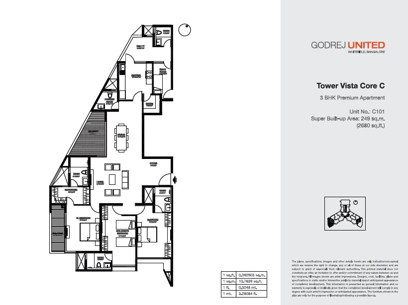 Floor plan of 3 BHK 2680 Sq. Ft. Apartment in Godrej United, Bangalore