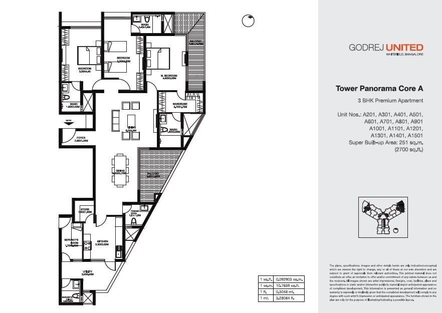 Floor plan of 3 BHK 2700 Sq. Ft. Apartment in Godrej United, Bangalore