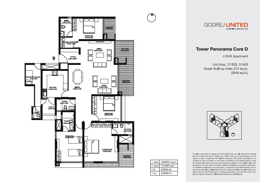 Floor plan of 4 BHK 2949 Sq. Ft. Apartment in Godrej United, Bangalore