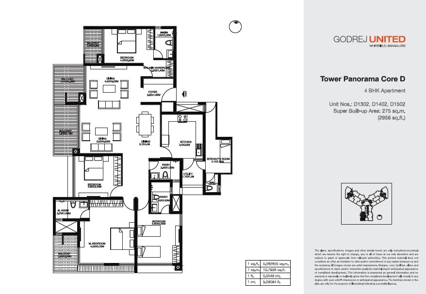 Floor plan of 4 BHK 2956 Sq. Ft. Apartment in Godrej United, Bangalore