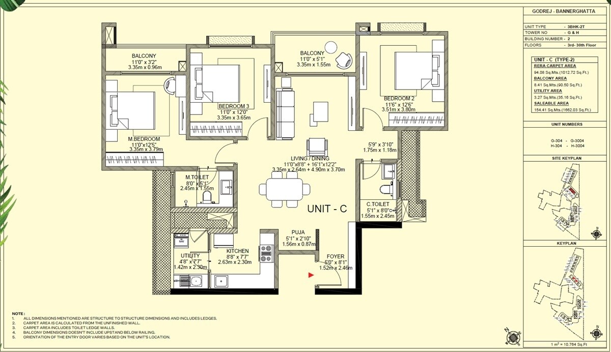 Floor plan of 3 BHK 1662 Sq. Ft. Apartment in Godrej Vanantara, Bangalore